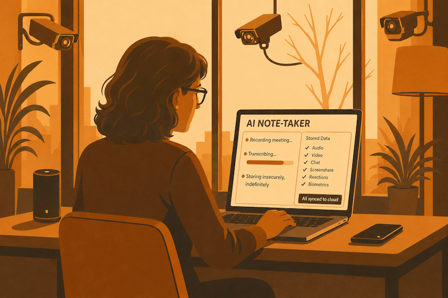 A lawyer in a meeting recorded by a cloud AI note-taker under surveillance cameras, audio, video, chat, and biometrics synced to the cloud