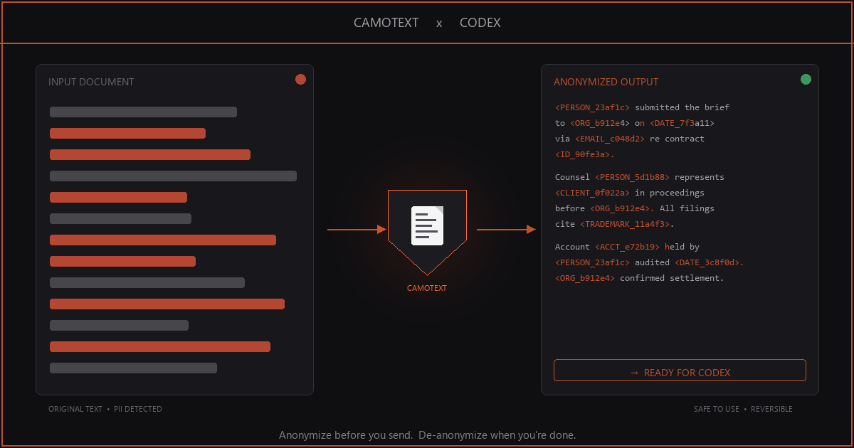 Codex with CamoText Anonymization Workflow