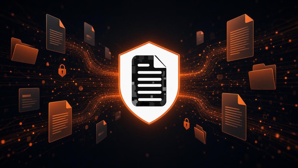 Digital illustration of a confidential document with a camouflage pattern protected by a glowing shield, surrounded by floating files and data streams—secure preparation of confidential documents for AI review