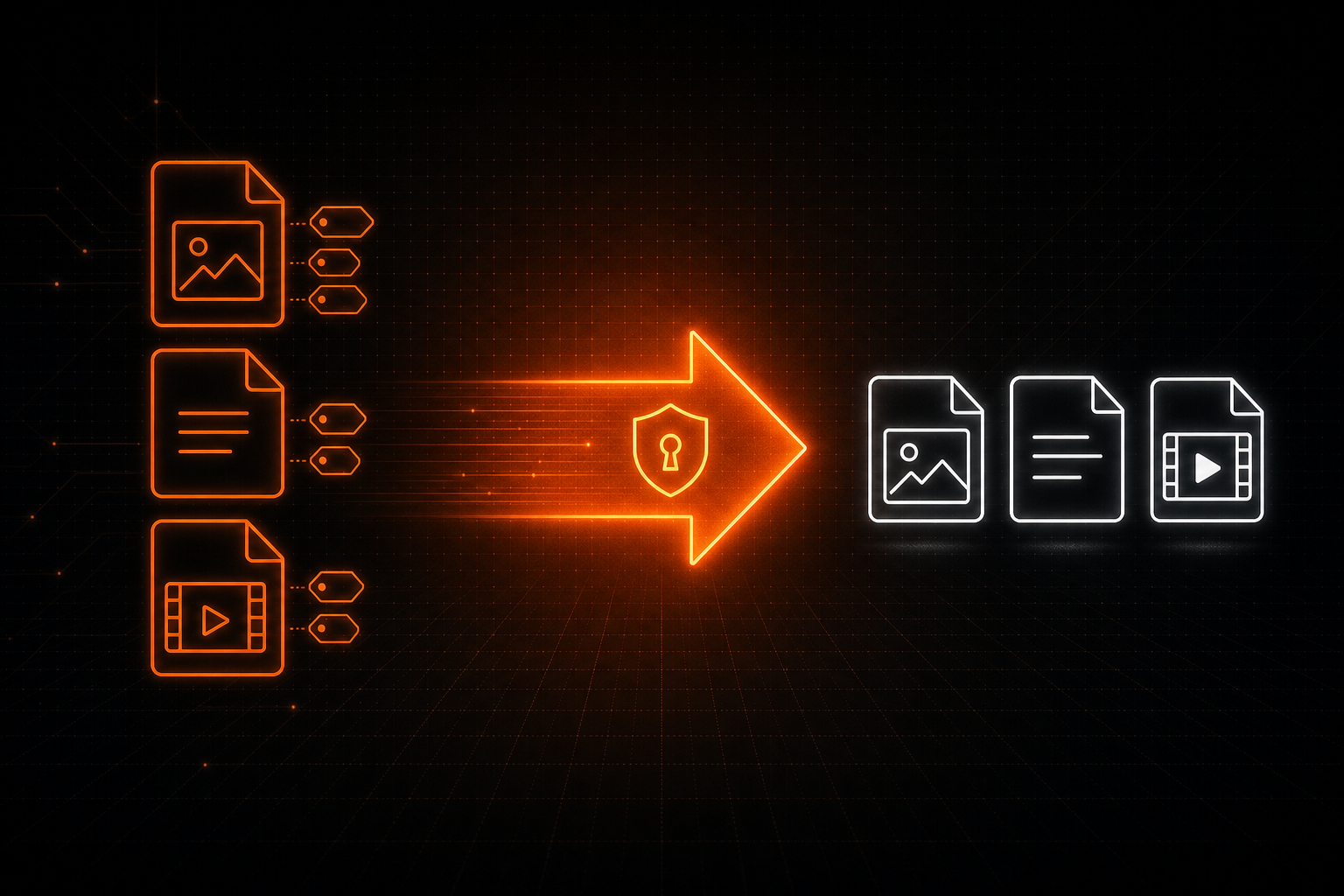 Offline file conversion banner: source files with EXIF and metadata tags on the left, a glowing arrow with a privacy shield in the center, and clean output files on the right.