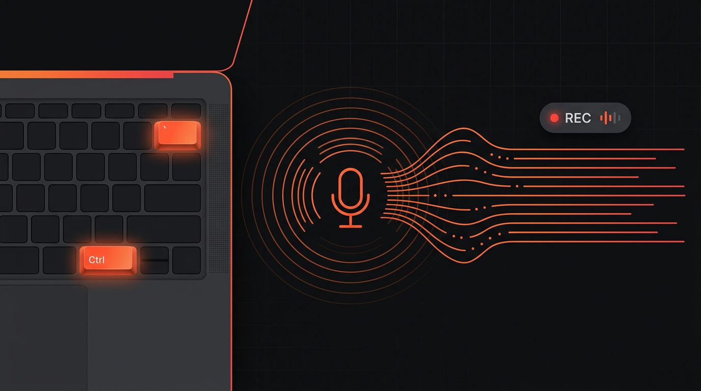 Private voice typing banner: backlit Ctrl and backtick keycaps, a microphone with sound waves turning into text, and a REC status pill.